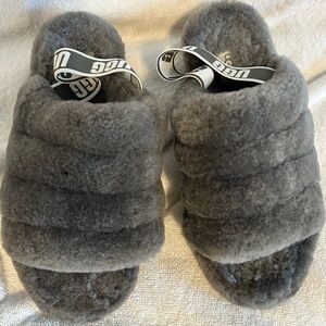 UGG Gray Fluffy Slide Sandals